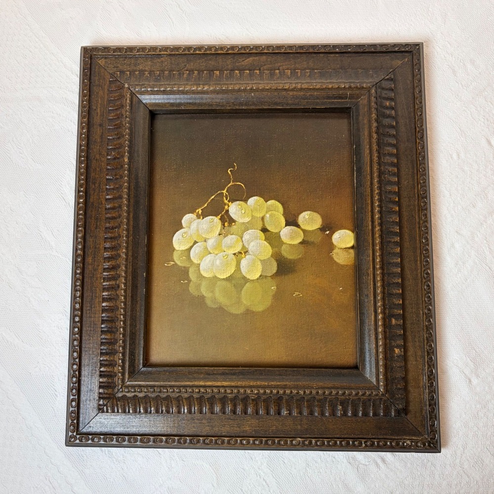 Vintage Still Life Art Print Green Grapes Dew Drops Ornate Wood Frame 13x15
